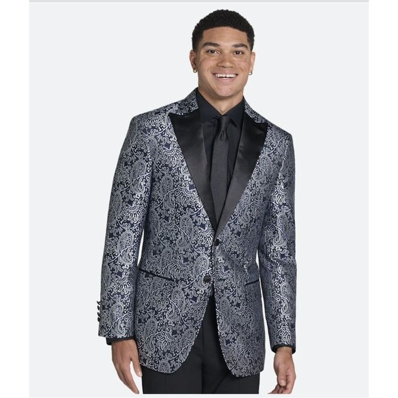 Egara Slim Fit Paisley Dinner Jacket for Men - Blue and Gray Paisley- 44R